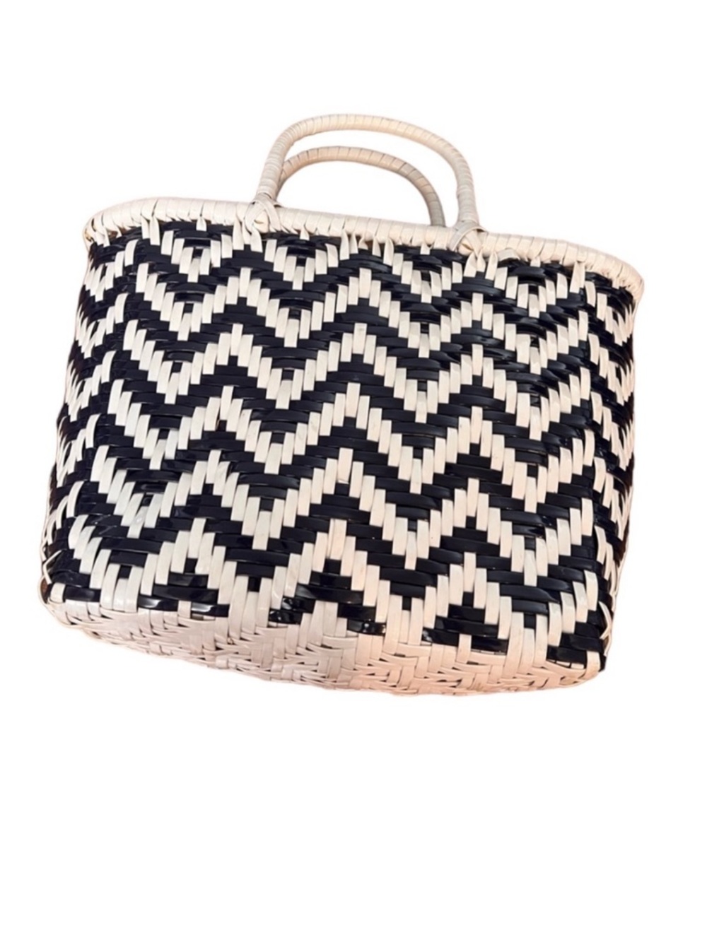 Vintage Navy Blue & White Plastic Woven Chevron Handbag Beachbag